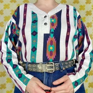 Vintage 90s white multicolor aztec stripes long sleeve shirt 🌀